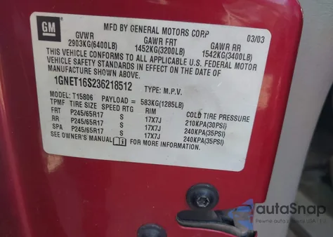 2003 Chevrolet Trailblazer Ext Lt from USA, damaged, VIN 1GNET16S236218512